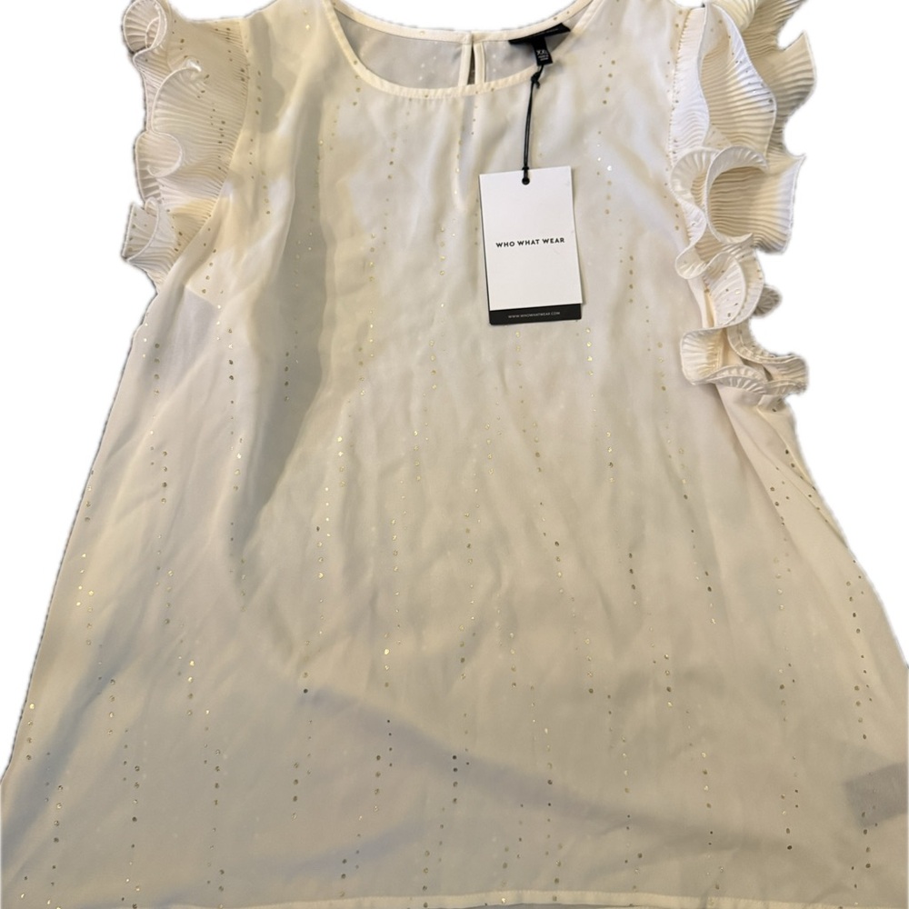 NWT Who What Wear - White with Gold dots Ruffle Sleeve Top